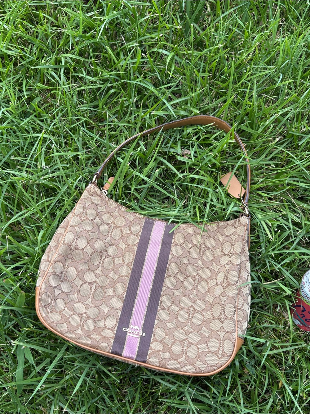 Coach Monogram Shoulder Bag with Lavendar & Brown Center Stripe